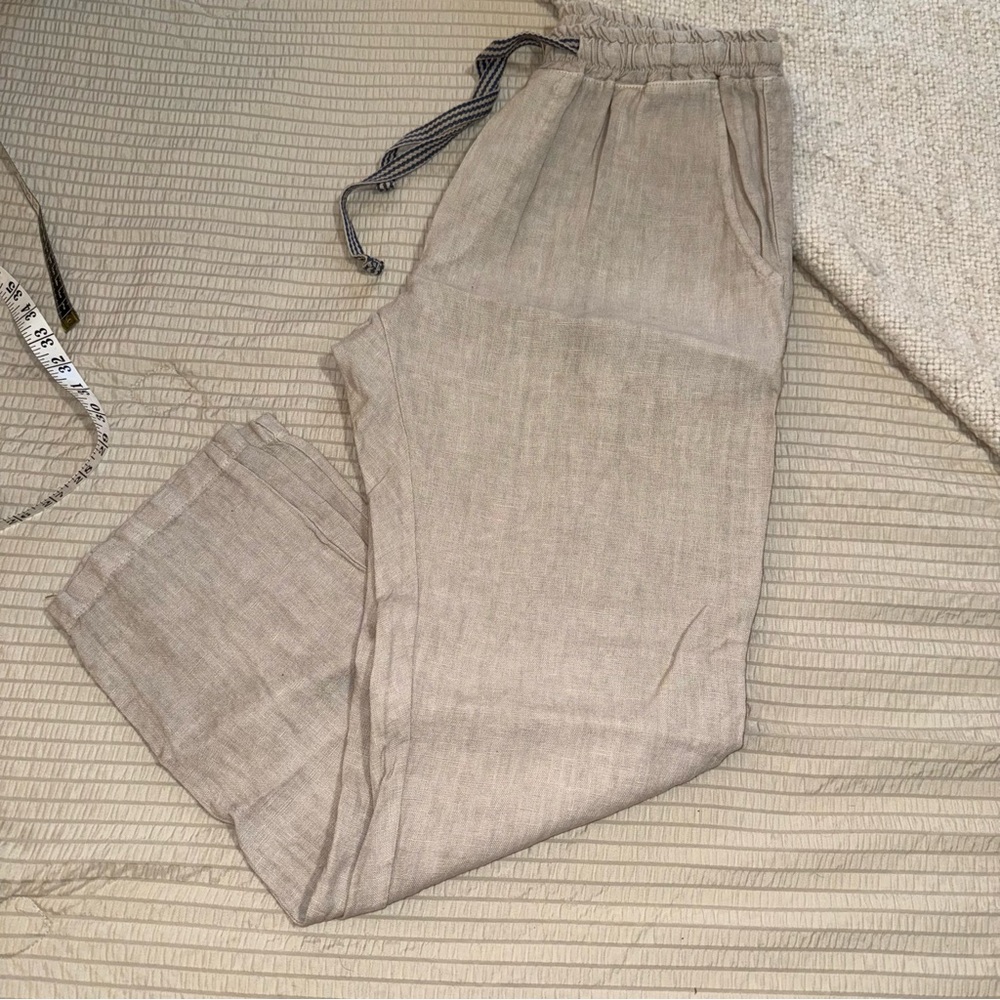 Tan Linen Drawstring Waist Pants large